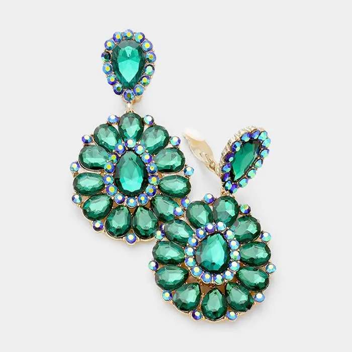 Crystal Green Teardrop Cluster Statement Clip on Earrings