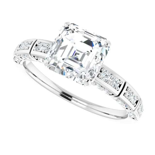 Cubic Zirconia Engagement Ring- The Anna (Customizable Asscher Cut Style with Three-sided, Segmented Shared Prong Band)