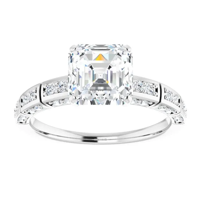 Cubic Zirconia Engagement Ring- The Anna (Customizable Asscher Cut Style with Three-sided, Segmented Shared Prong Band)