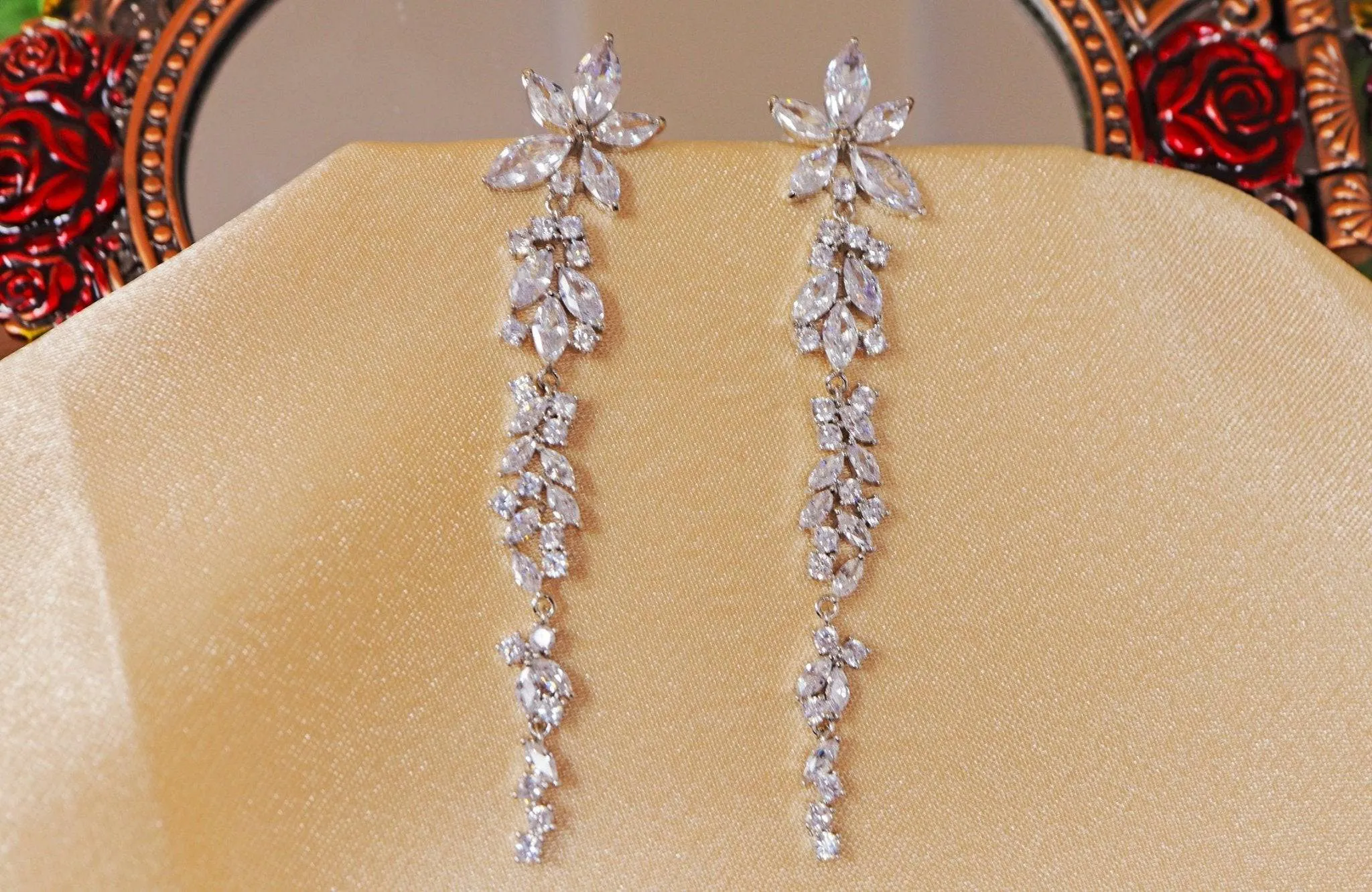 Cubic Zirconia Flower Crystal/Diamond Earrings, Long Bridal Jewelry, Bridal Earrings, Crystal Bridal Earrings, Statement Earrings Cz