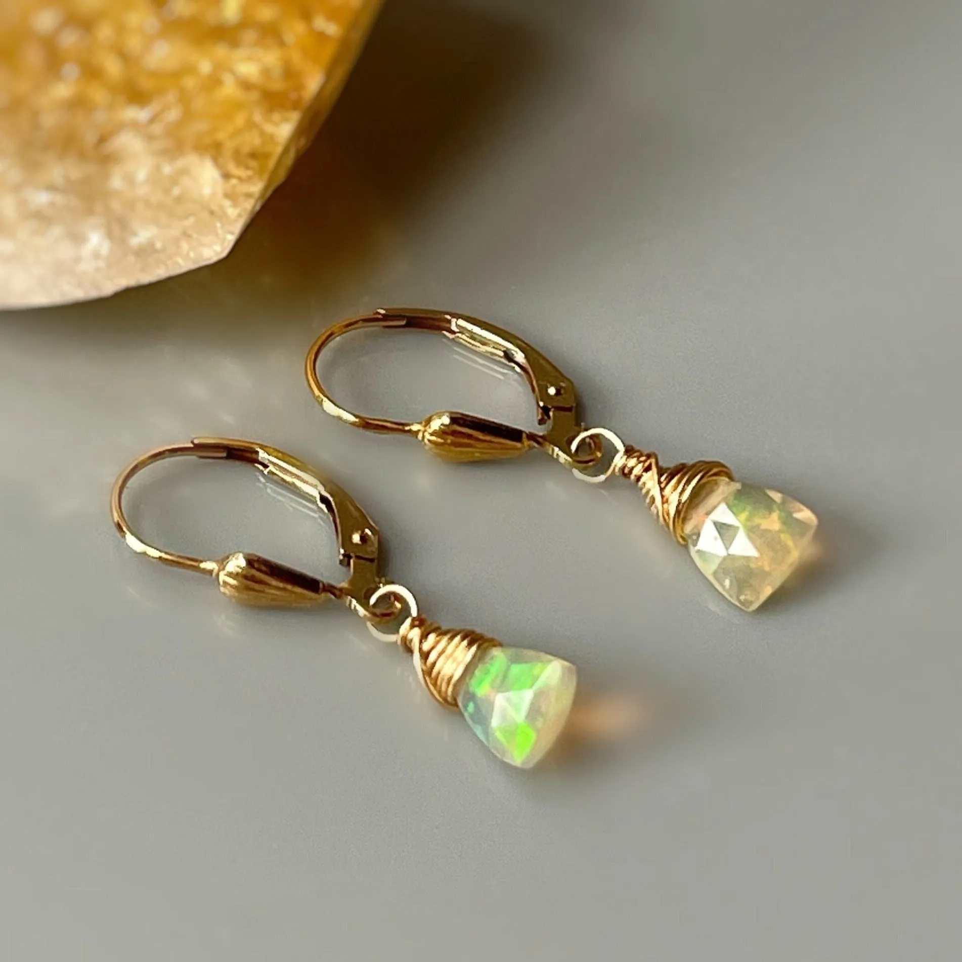 Dainty Opal earrings 14k Gold Dangly Opal Lever backs