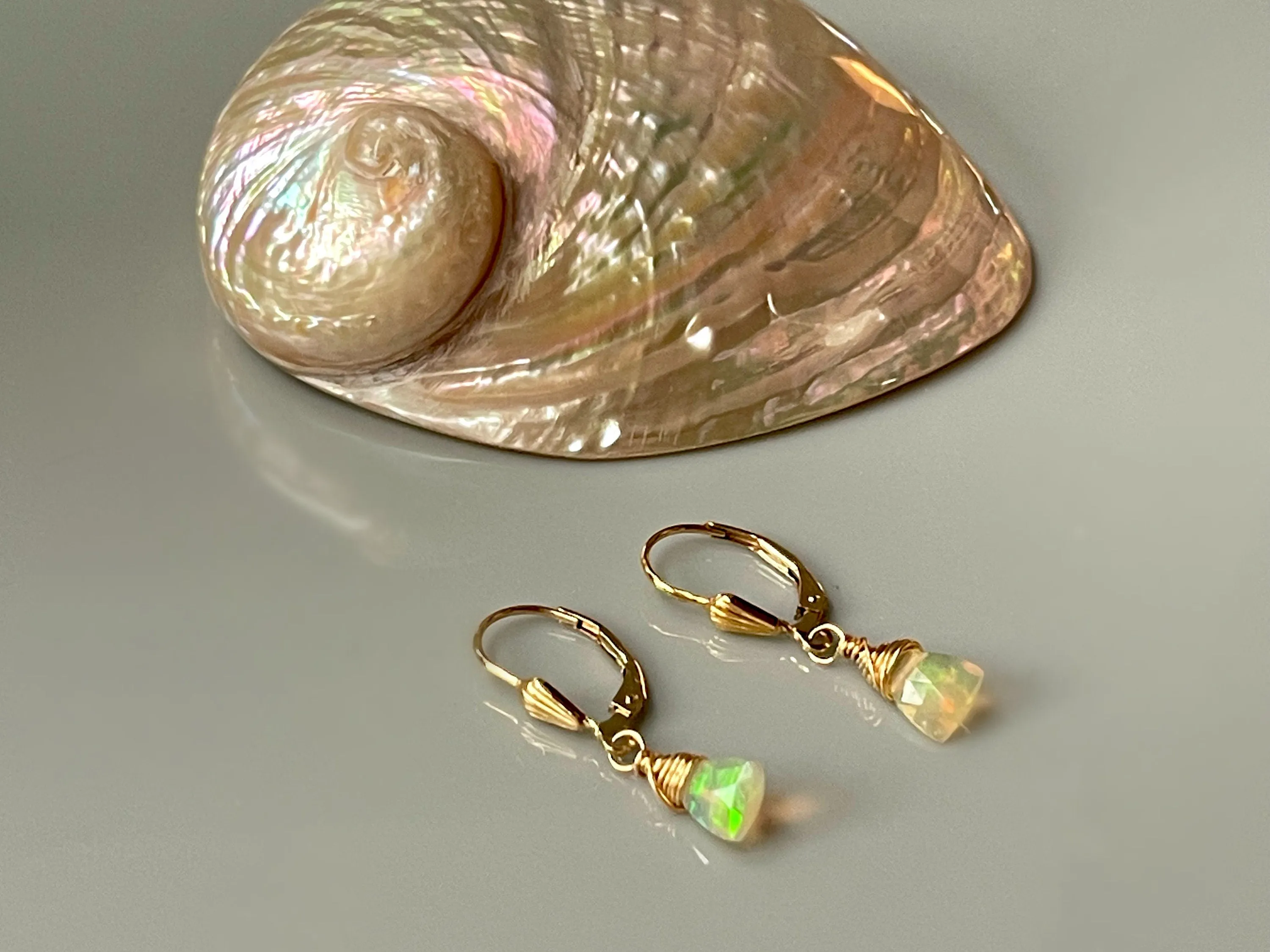 Dainty Opal earrings 14k Gold Dangly Opal Lever backs