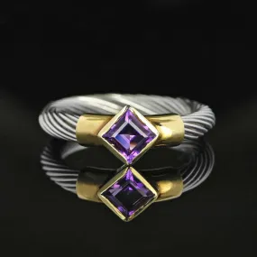 David Yurman Style 14K Gold Silver Wire Amethyst Ring Band