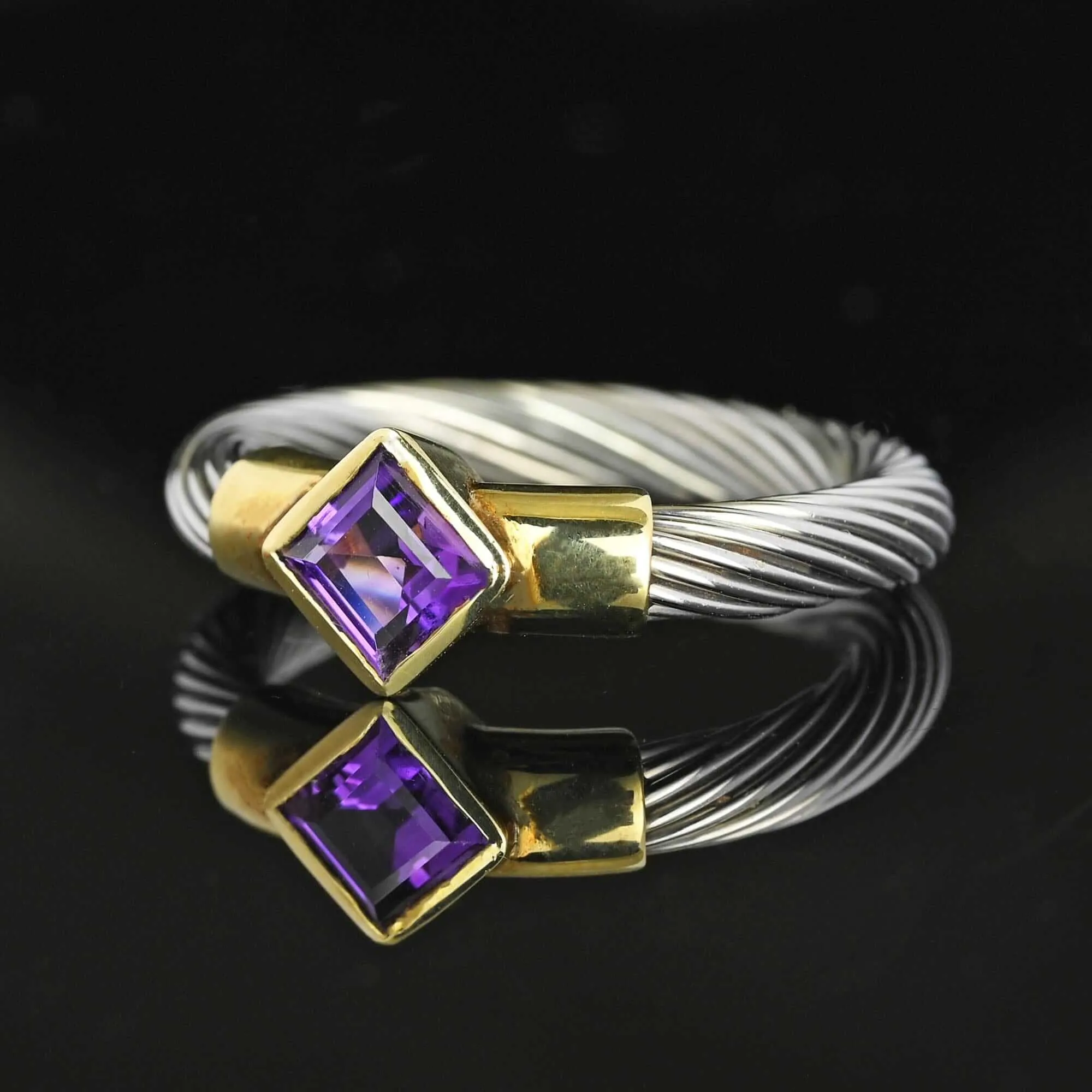 David Yurman Style 14K Gold Silver Wire Amethyst Ring Band