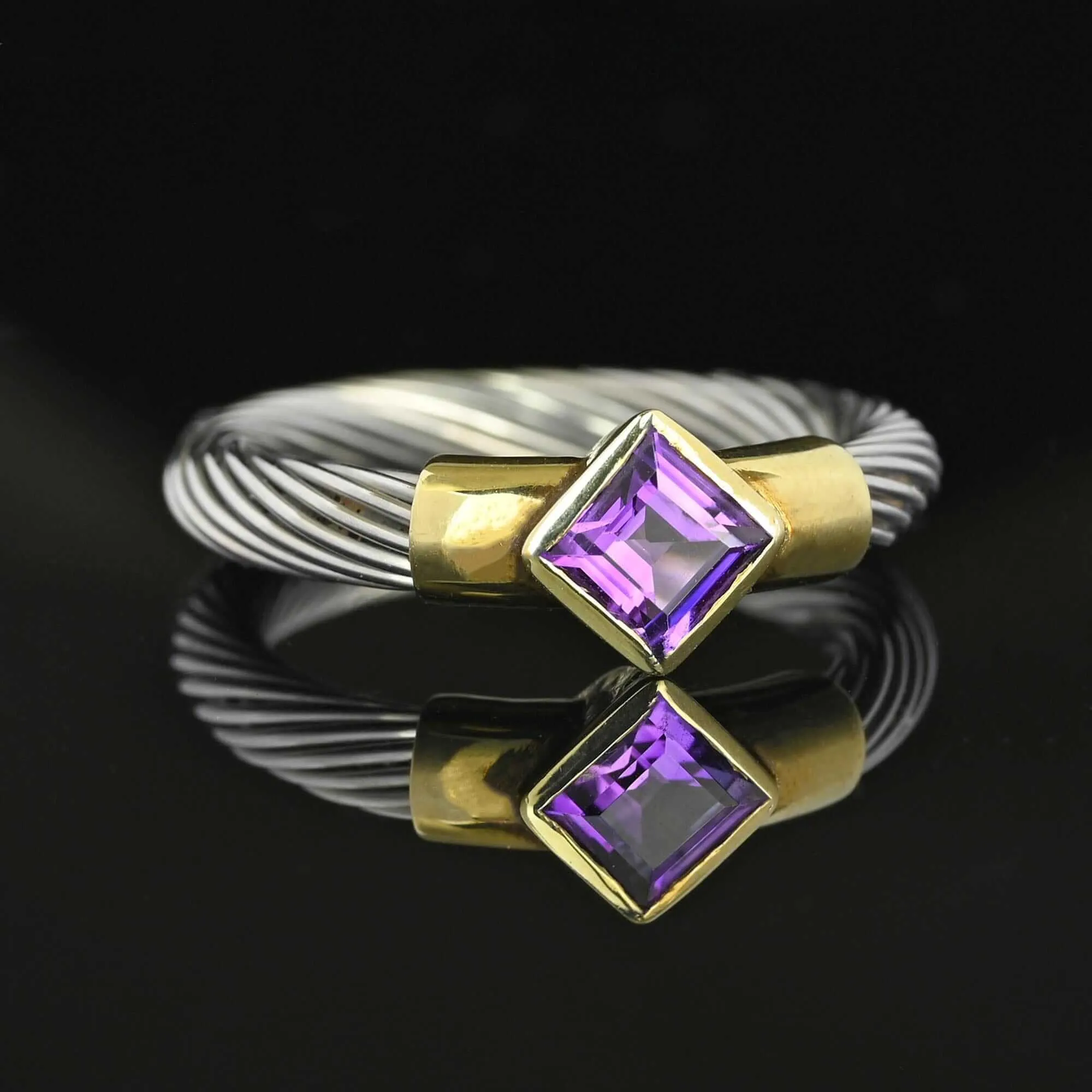 David Yurman Style 14K Gold Silver Wire Amethyst Ring Band