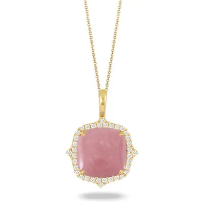 Doves 18K Yellow Gold Cushion Pink Opal Pendant with Diamond Halo