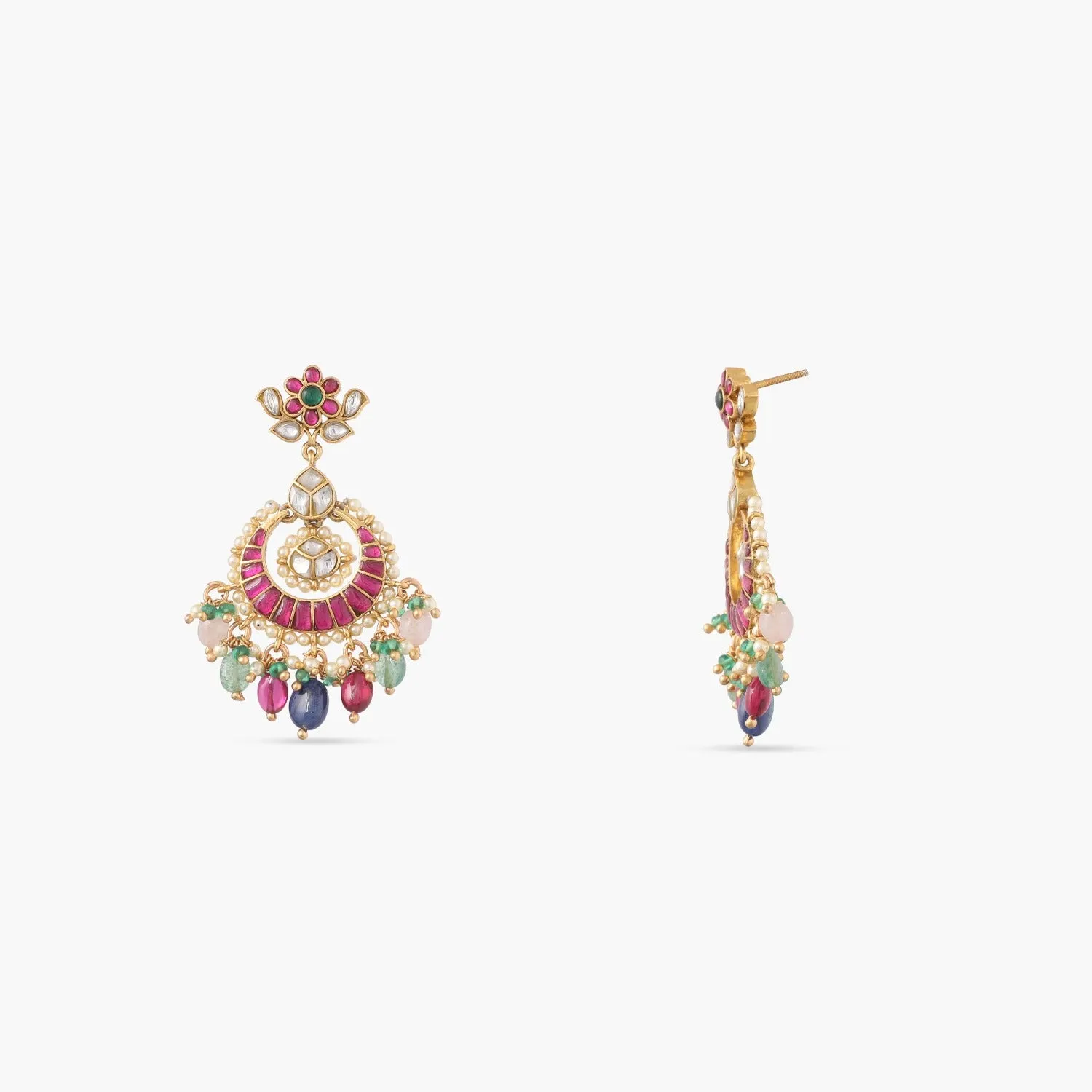 Elegant Jadau Blossom Silver Chandbali Earrings