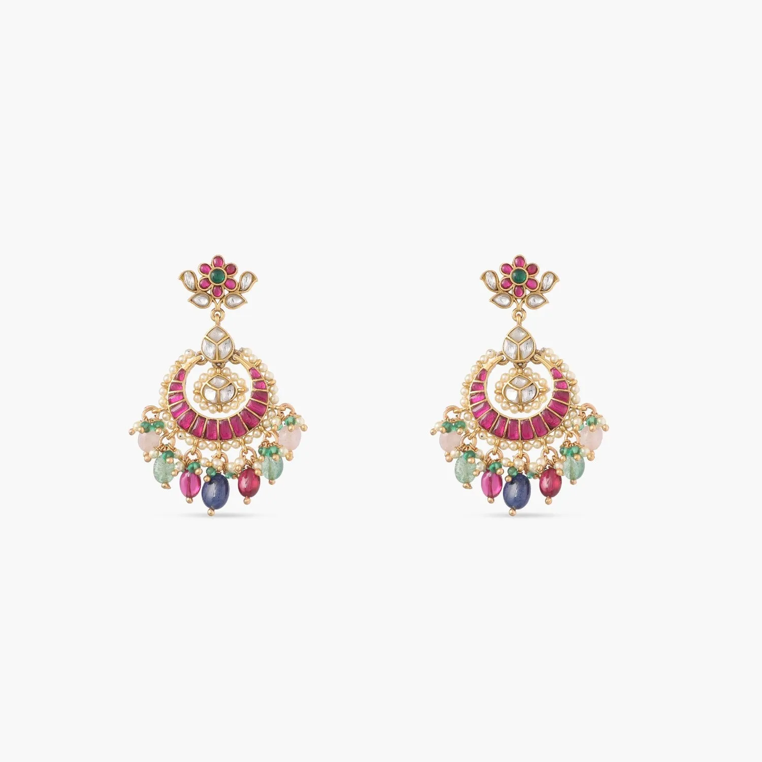 Elegant Jadau Blossom Silver Chandbali Earrings