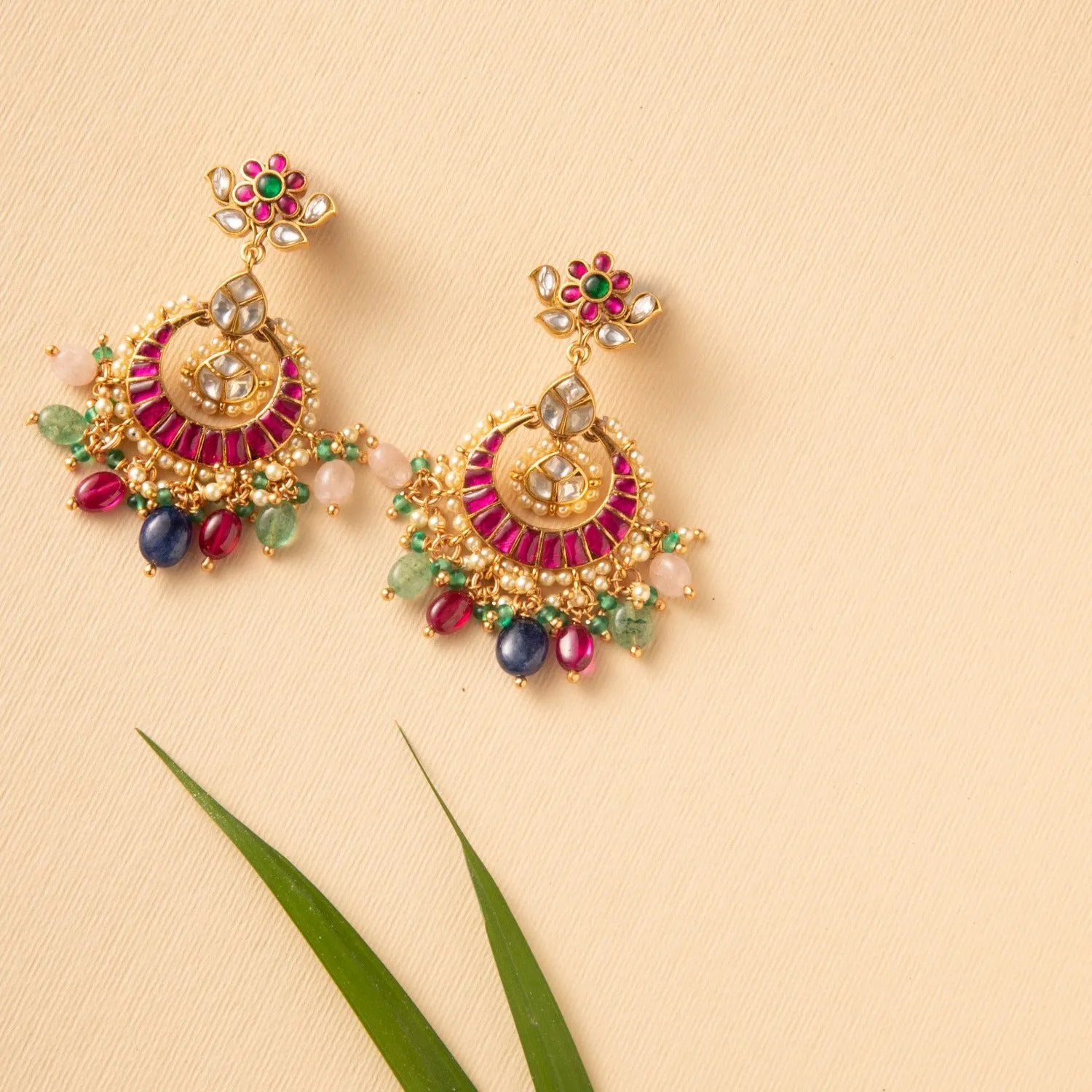 Elegant Jadau Blossom Silver Chandbali Earrings