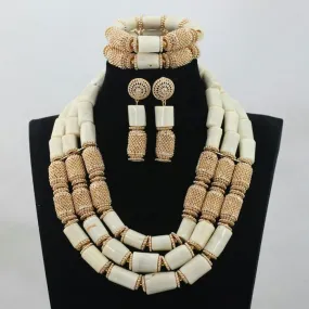 Elegant White Coral embelished with Gold Balls Bridal Party African Nigerian Jewellery Set