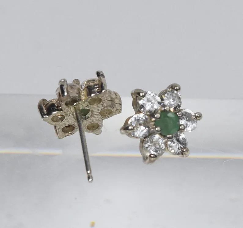 Emerald and Cubic Zirconia Flower Sterling Silver Stud Earrings