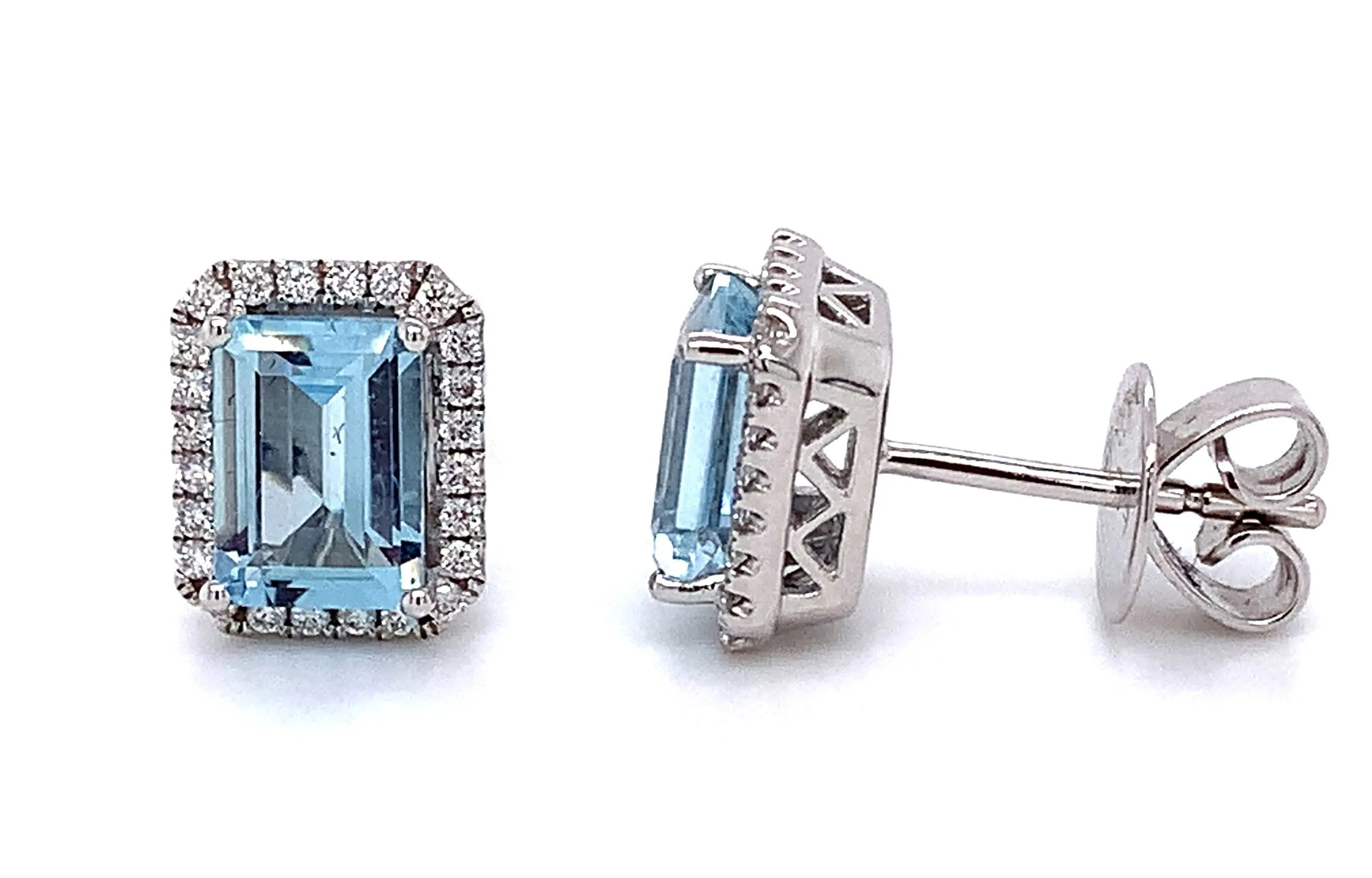 Emerald cut Aquamarine and Diamond Stud Earrings