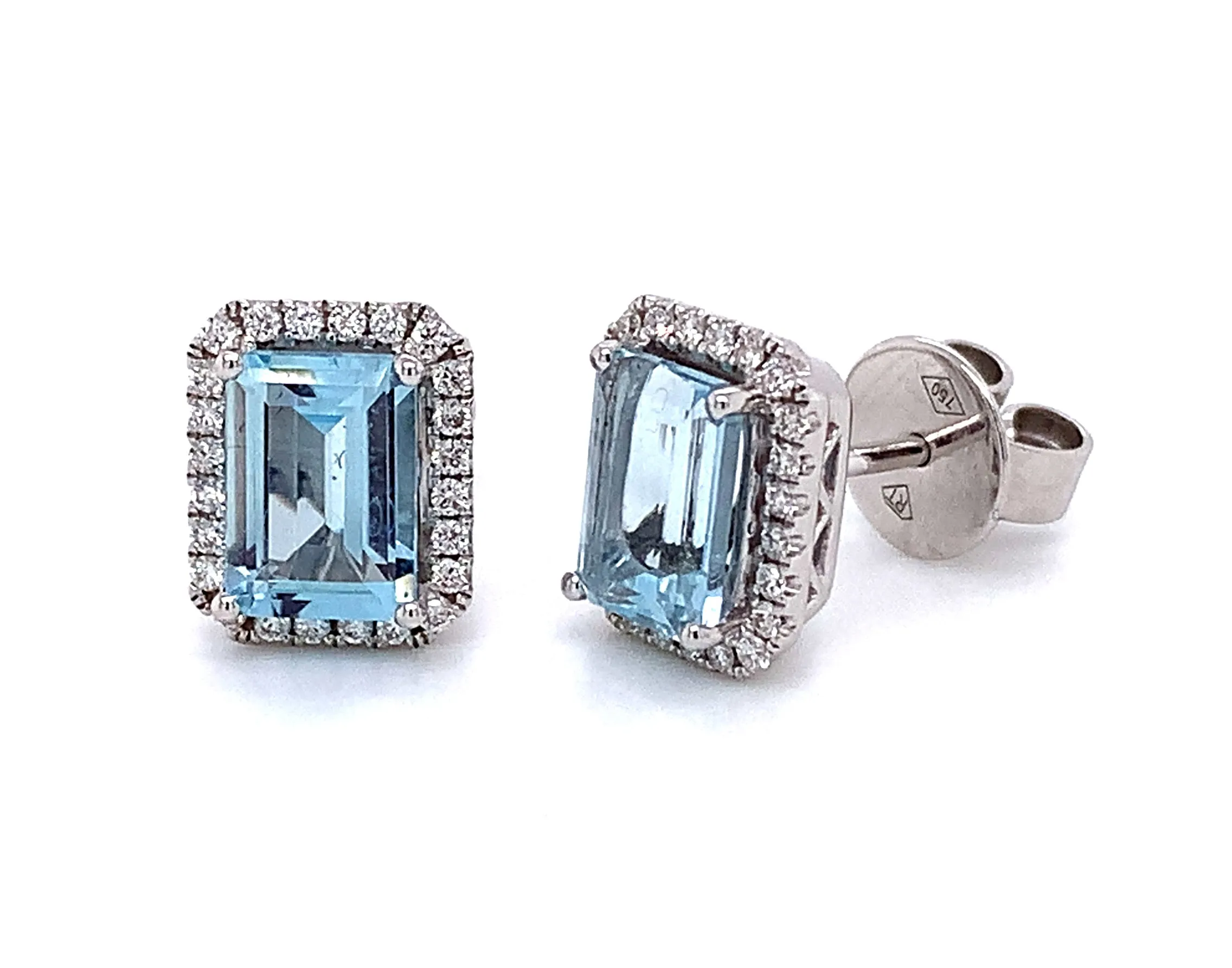 Emerald cut Aquamarine and Diamond Stud Earrings