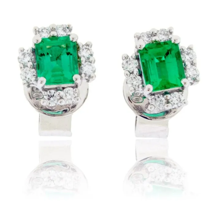 Emerald-Cut Emerald and Diamond Square Stud Earrings