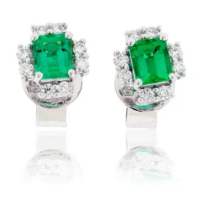 Emerald-Cut Emerald and Diamond Square Stud Earrings