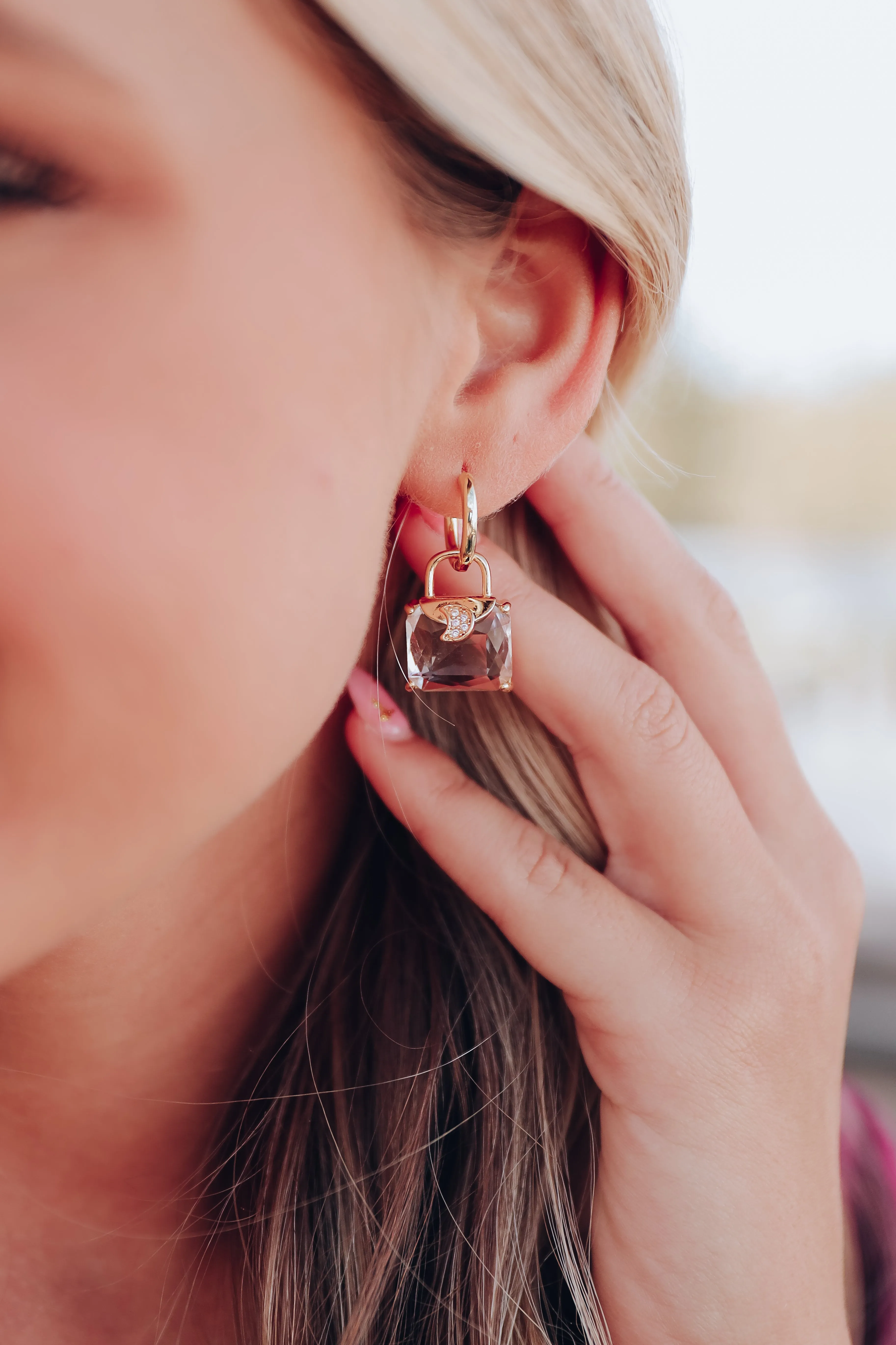 Emerald Cut Huggie Earrings - Clear