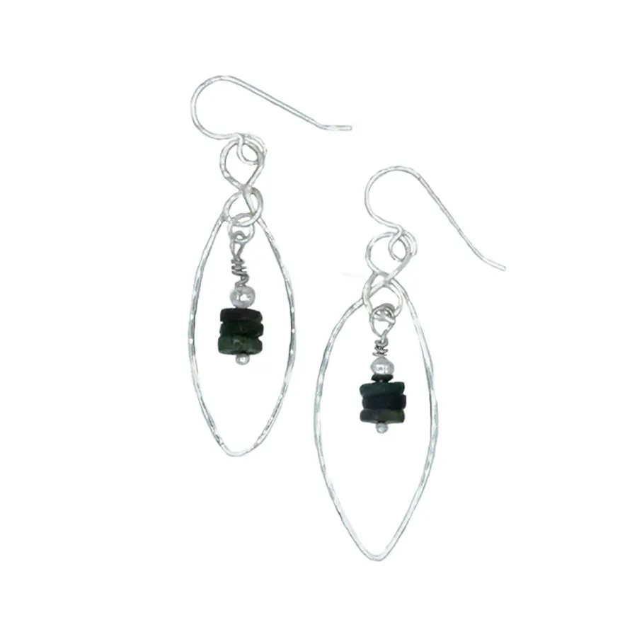 Emerald Stacked Rondelle Beads Framed Marquise Sterling Silver Earrings