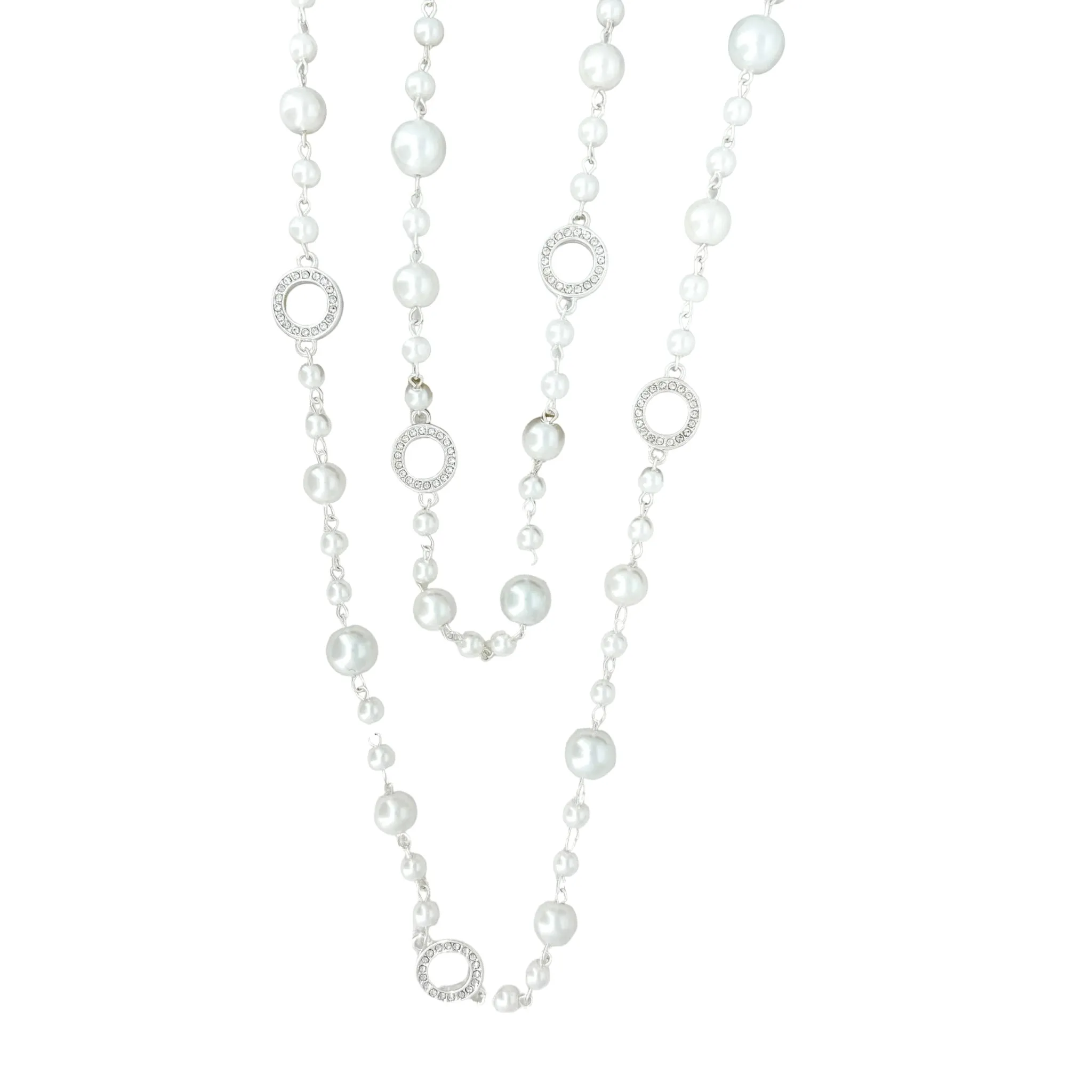 Envy Long Pearl Necklace with Silver Diamontes