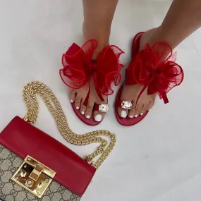 Epson- Red Organza Bow & Check Print Toe Ring Flat Sandals