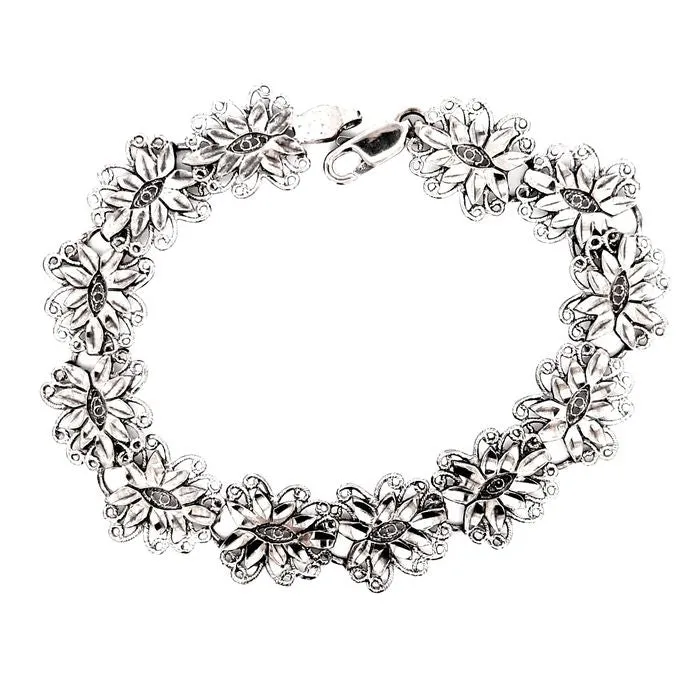 Estate Diamond-Cut Filigree Flower Bracelet in Sterling Silver