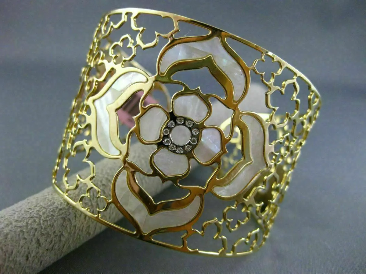 ESTATE LARGE .15CT DIAMOND 14K YELLOW GOLD MOTHER OF PEARL BLOOM BANGLE BRACELET