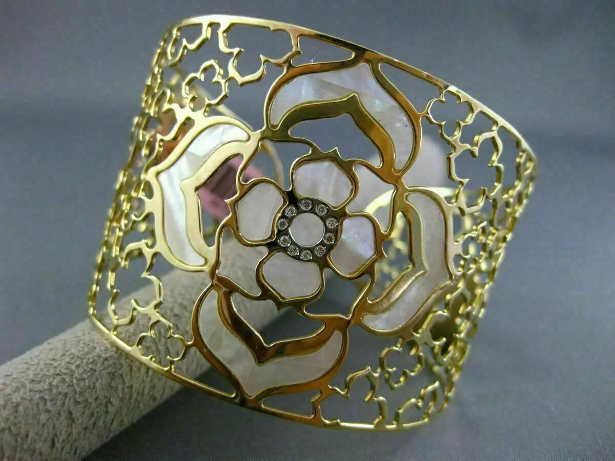 ESTATE LARGE .15CT DIAMOND 14K YELLOW GOLD MOTHER OF PEARL BLOOM BANGLE BRACELET