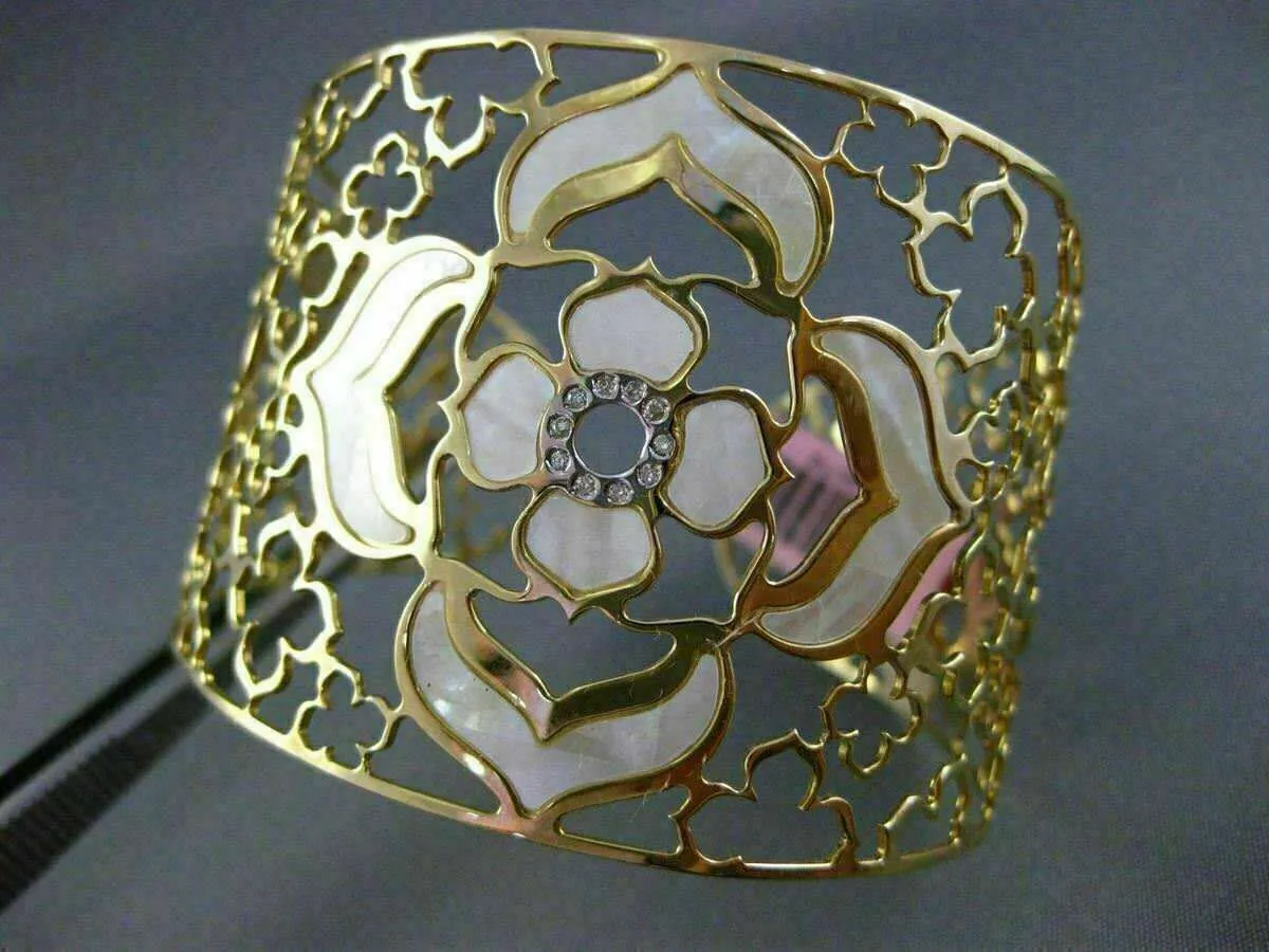 ESTATE LARGE .15CT DIAMOND 14K YELLOW GOLD MOTHER OF PEARL BLOOM BANGLE BRACELET