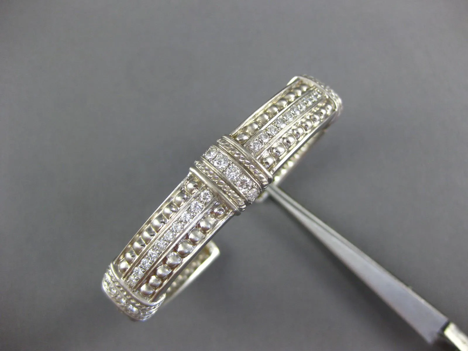 ESTATE WIDE 1.75CT DIAMOND 18KT WHITE GOLD 3D FILIGREE CUFF BANGLE BRACELET