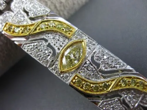 ESTATE WIDE 5.70CT WHITE & FANCY YELLOW DIAMOND 18K 2TONE GOLD FILIGREE BRACELET