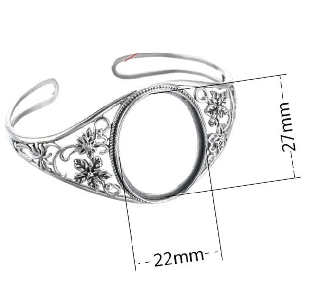 Ethnic Flower Oval Mount Bracelet Setting Bulk Sterling Silver Fine 925 27x22mm For One Stone Adjustable No Prongs DIY Jewelry Wholesale