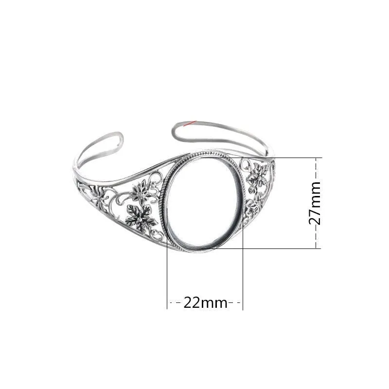 Ethnic Flower Oval Mount Bracelet Setting Bulk Sterling Silver Fine 925 27x22mm For One Stone Adjustable No Prongs DIY Jewelry Wholesale