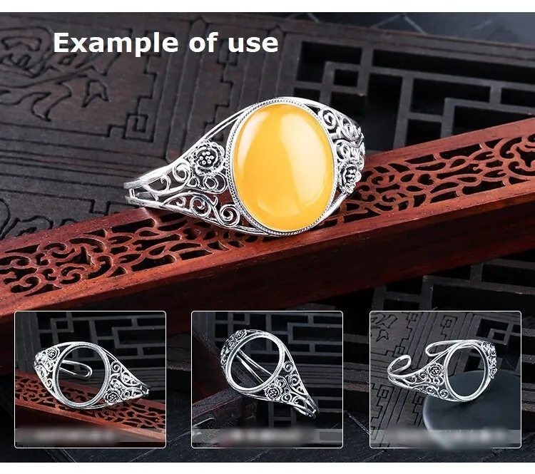 Ethnic Flower Oval Mount Bracelet Setting Wholesale Sterling Silver Fine 925 27x23mm For One Stone Adjustable No Prongs DIY Jewelry