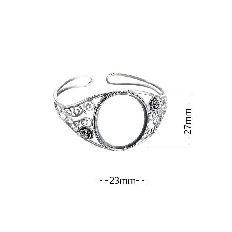 Ethnic Flower Oval Mount Bracelet Setting Wholesale Sterling Silver Fine 925 27x23mm For One Stone Adjustable No Prongs DIY Jewelry