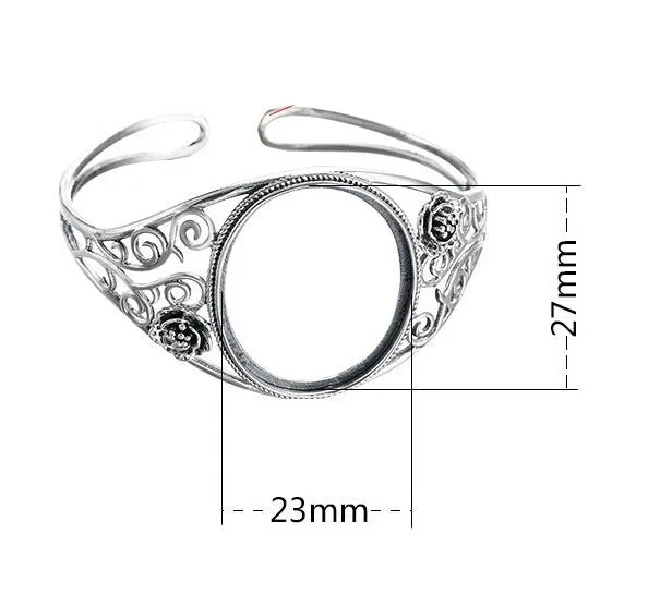 Ethnic Flower Oval Mount Bracelet Setting Wholesale Sterling Silver Fine 925 27x23mm For One Stone Adjustable No Prongs DIY Jewelry