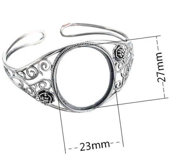 Ethnic Flower Oval Mount Bracelet Setting Wholesale Sterling Silver Fine 925 27x23mm For One Stone Adjustable No Prongs DIY Jewelry