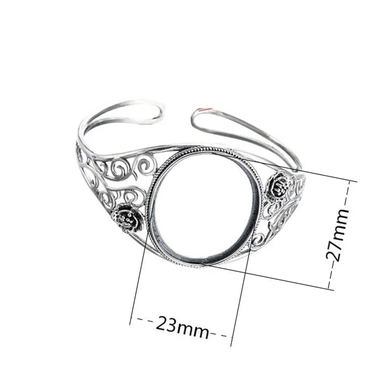 Ethnic Flower Oval Mount Bracelet Setting Wholesale Sterling Silver Fine 925 27x23mm For One Stone Adjustable No Prongs DIY Jewelry