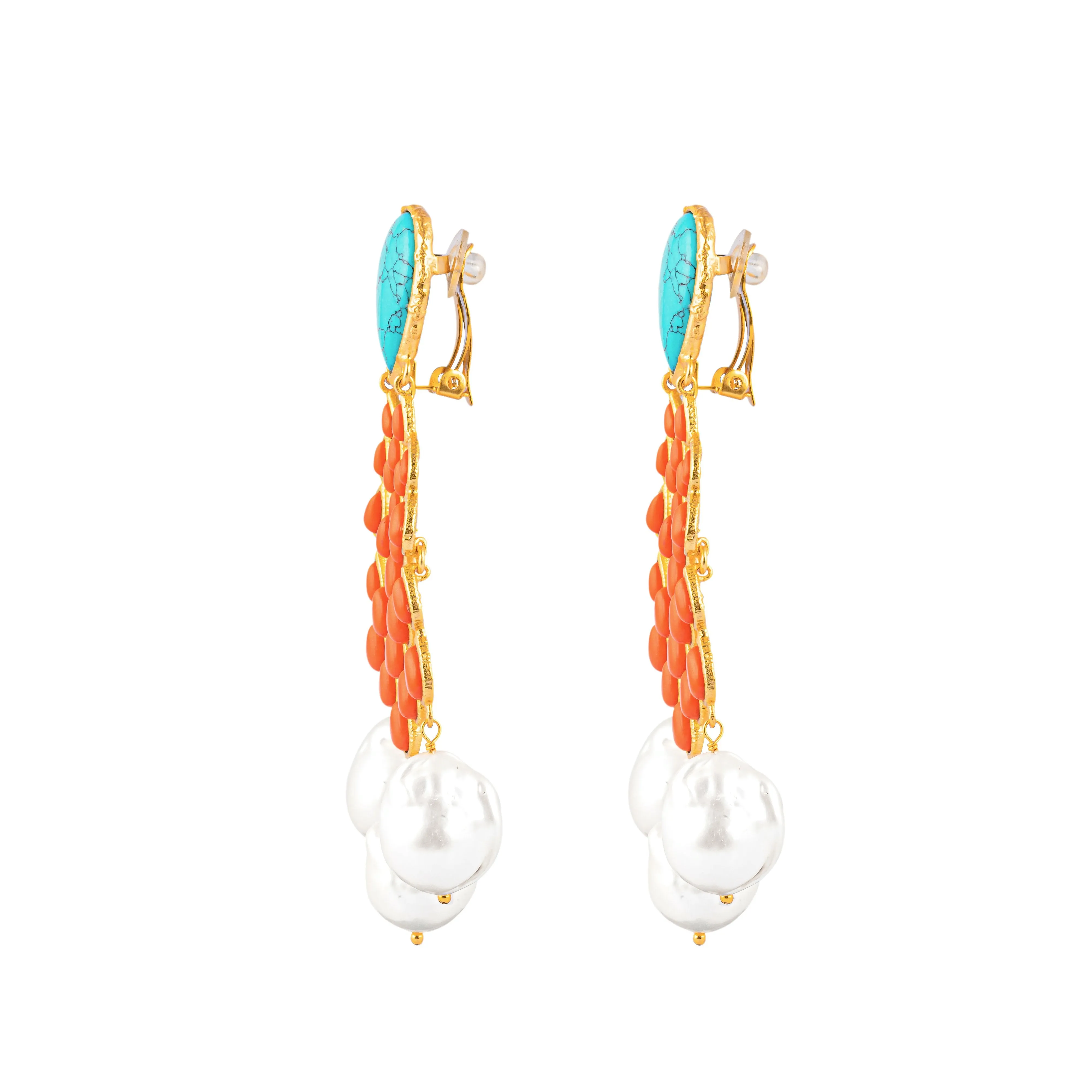 Euphoria Earrings Turquoise/ Orange Coral/ Baroque Pearls