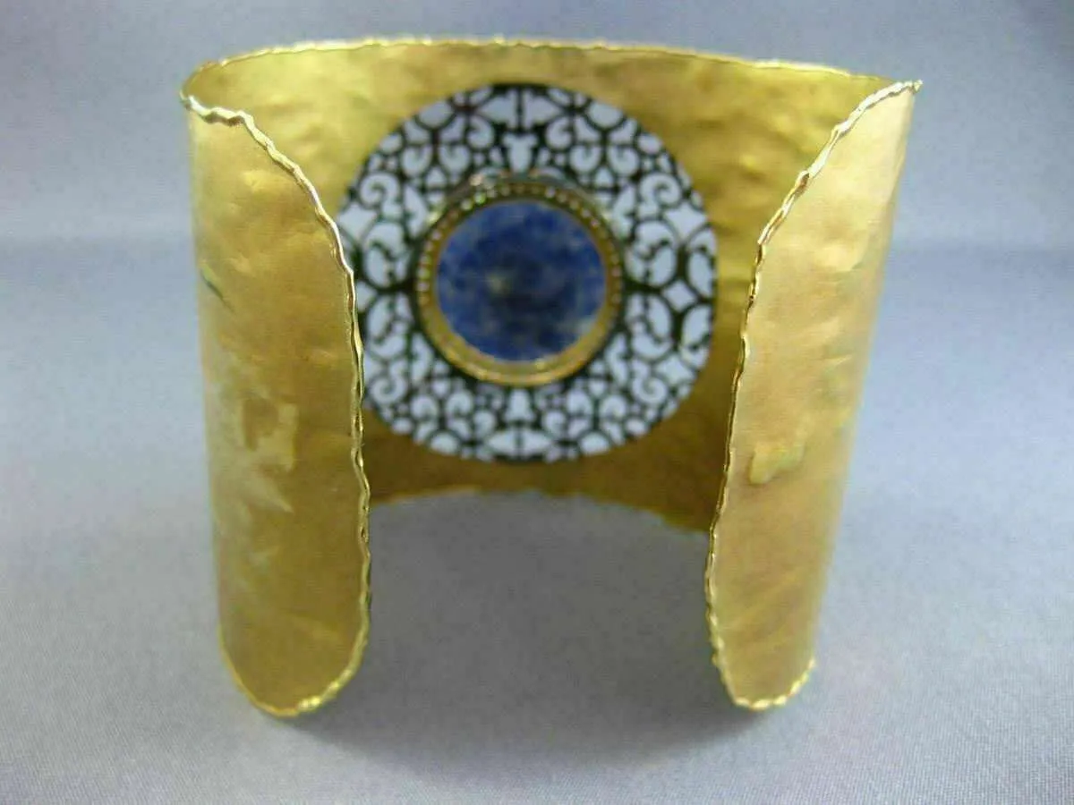 EXTRA LARGE 7.6CT DIAMOND & AAA SODALITE 18K BLACK & YELLOW GOLD BANGLE BRACELET