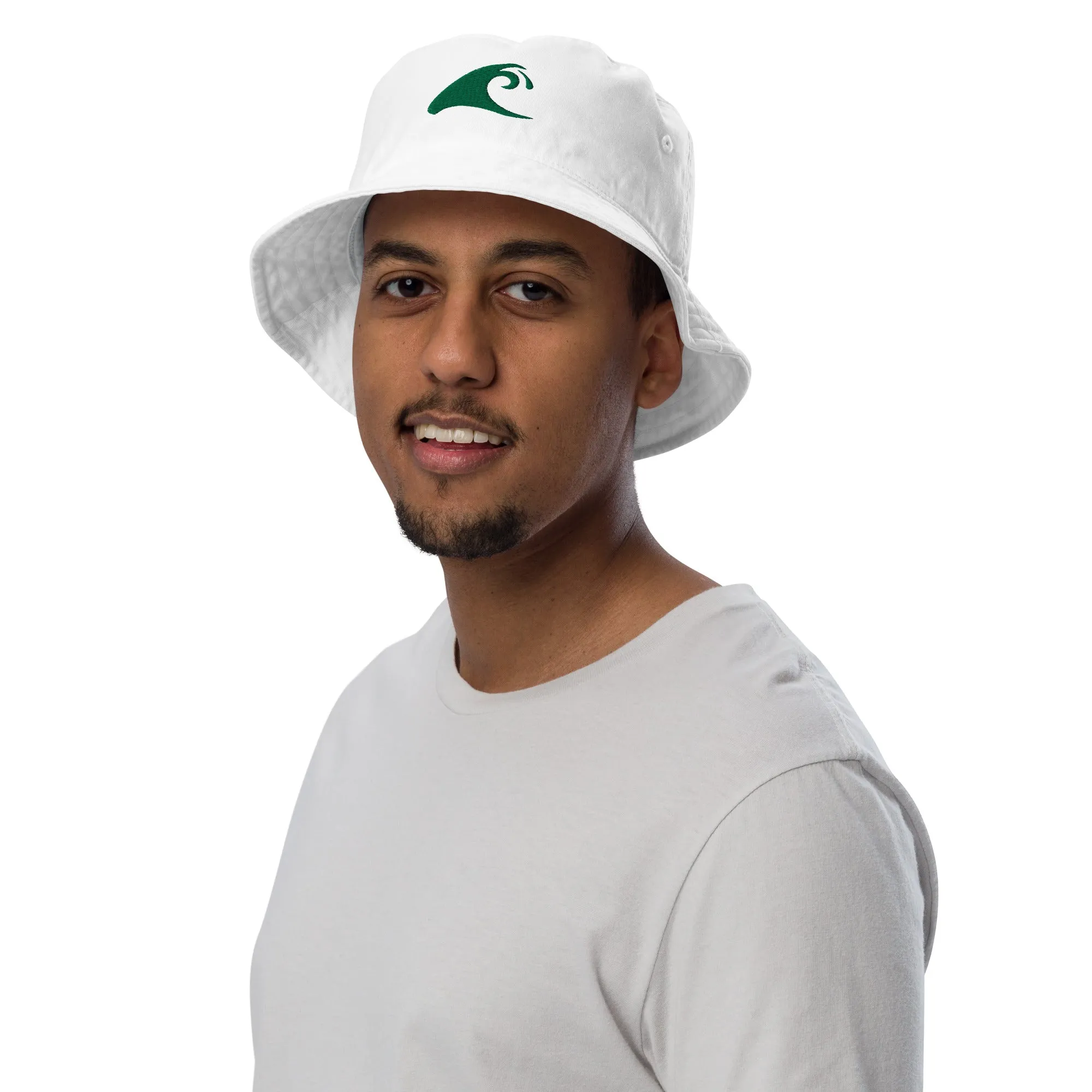 Extremely Stoked®️ Green Epic Wave Logo on White Organic Bucket Hat