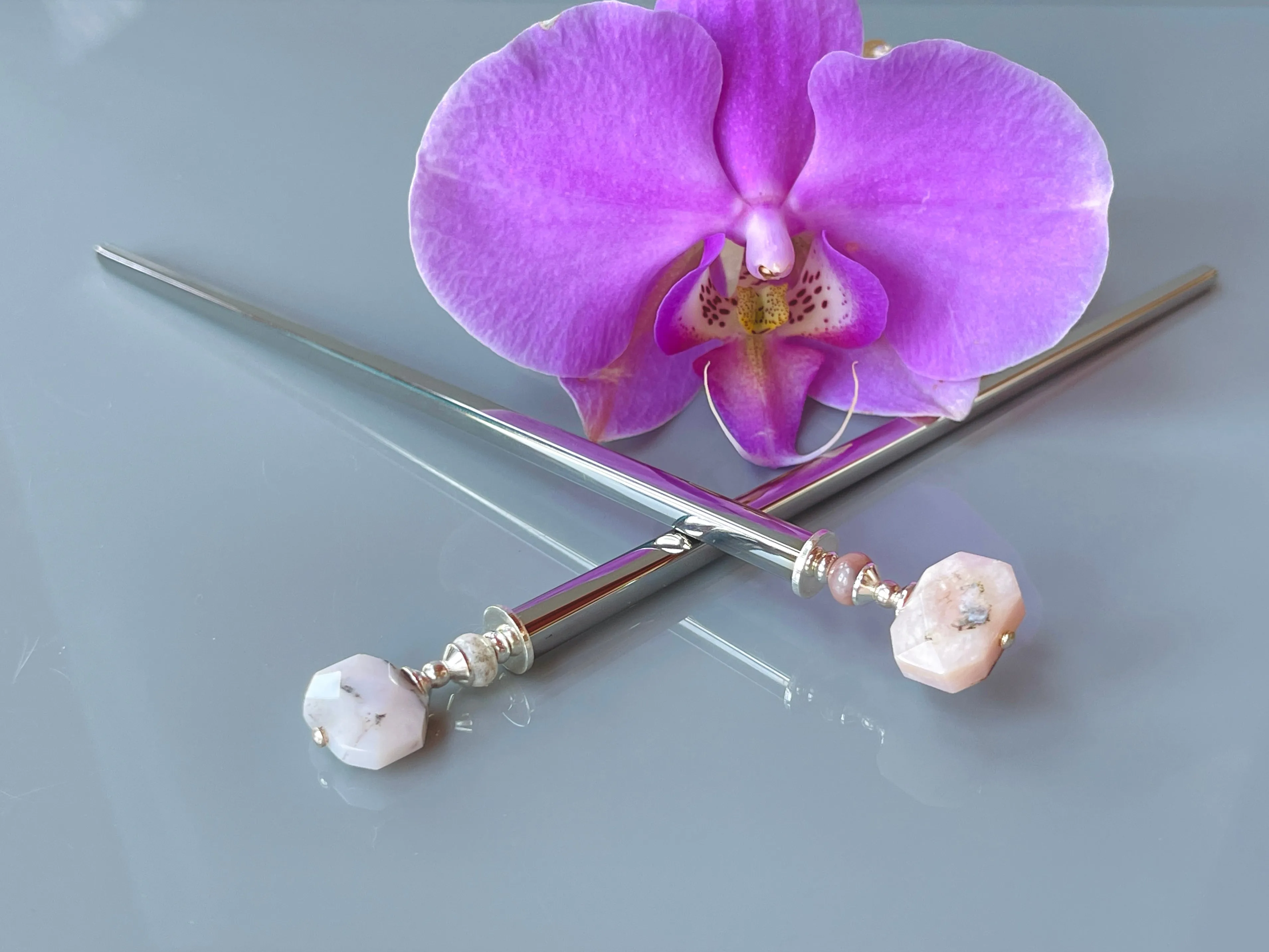 Faceted Pink Opal Gemstone Hair Sticks, silver Pink Opal Gemstone Hair Pin, shawl pin, sweater pin,