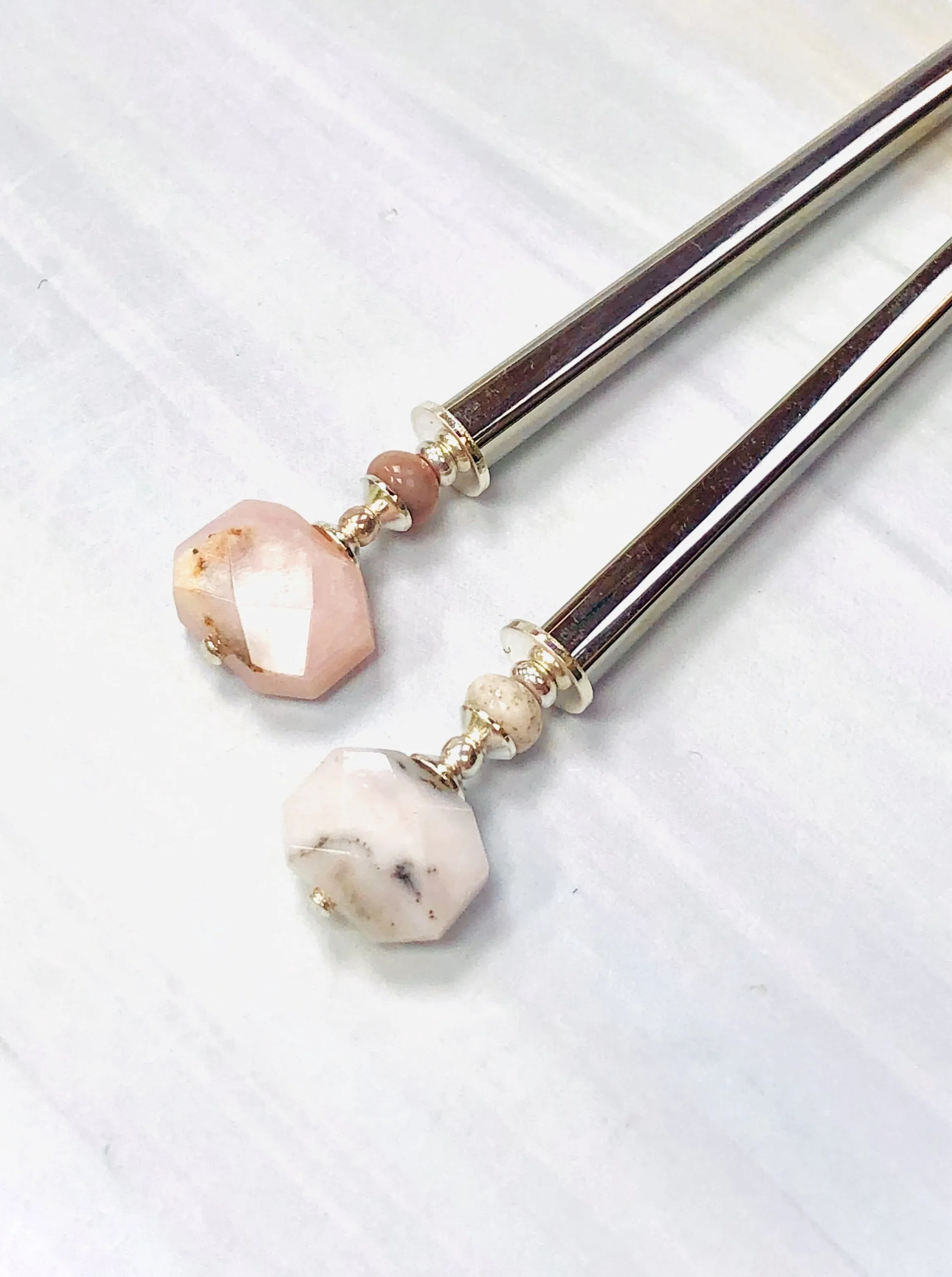 Faceted Pink Opal Gemstone Hair Sticks, silver Pink Opal Gemstone Hair Pin, shawl pin, sweater pin,