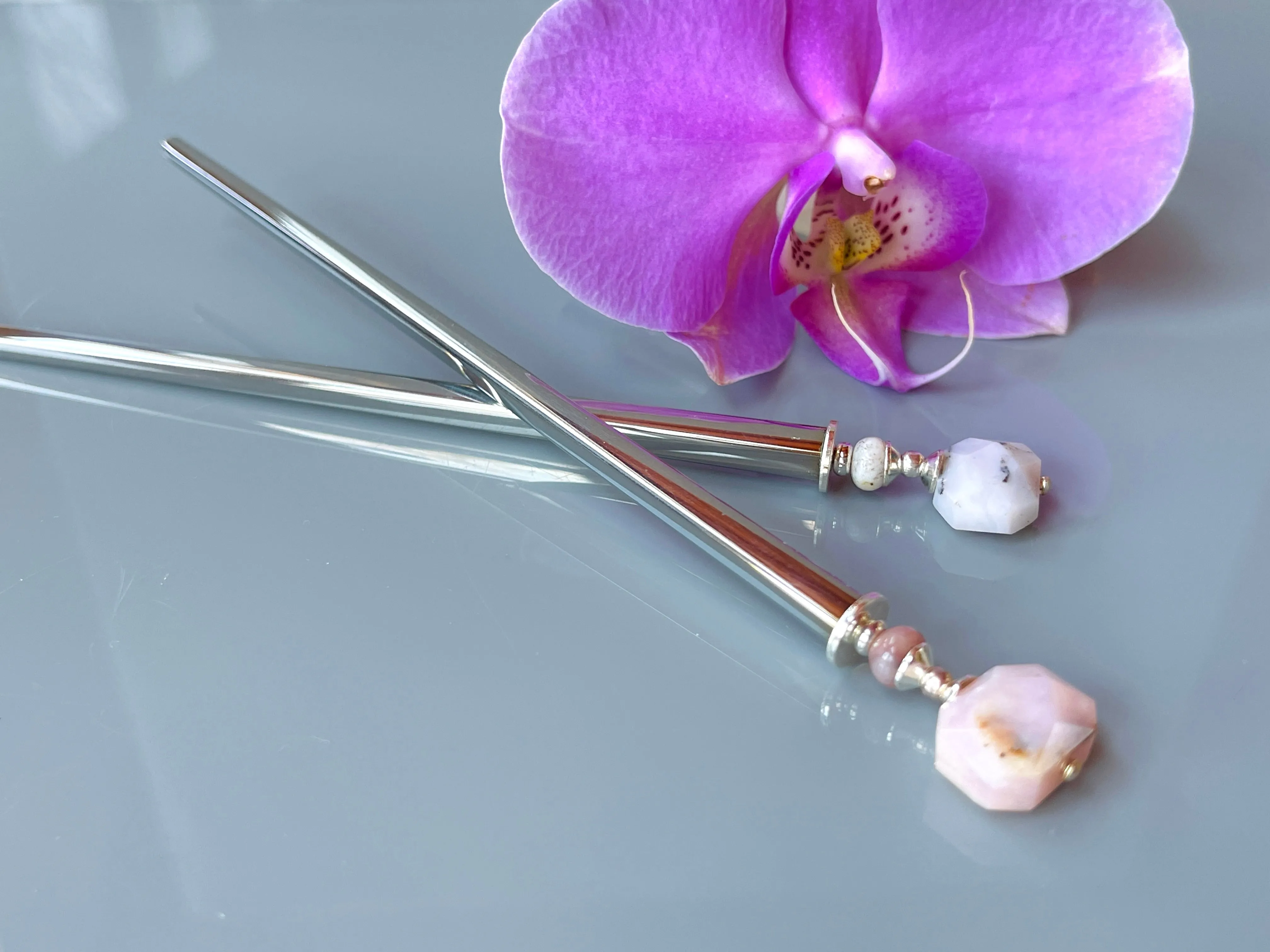 Faceted Pink Opal Gemstone Hair Sticks, silver Pink Opal Gemstone Hair Pin, shawl pin, sweater pin,