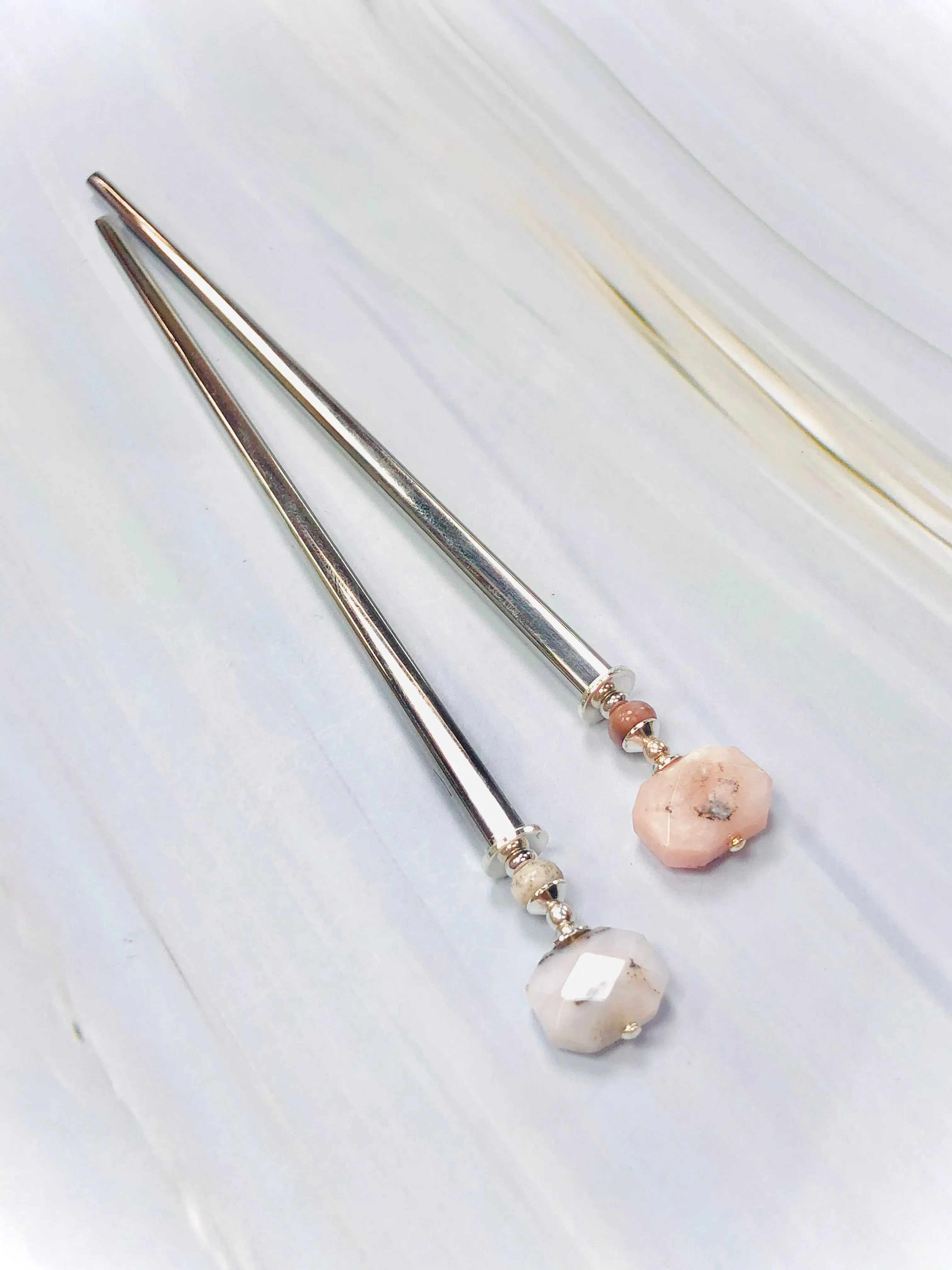 Faceted Pink Opal Gemstone Hair Sticks, silver Pink Opal Gemstone Hair Pin, shawl pin, sweater pin,