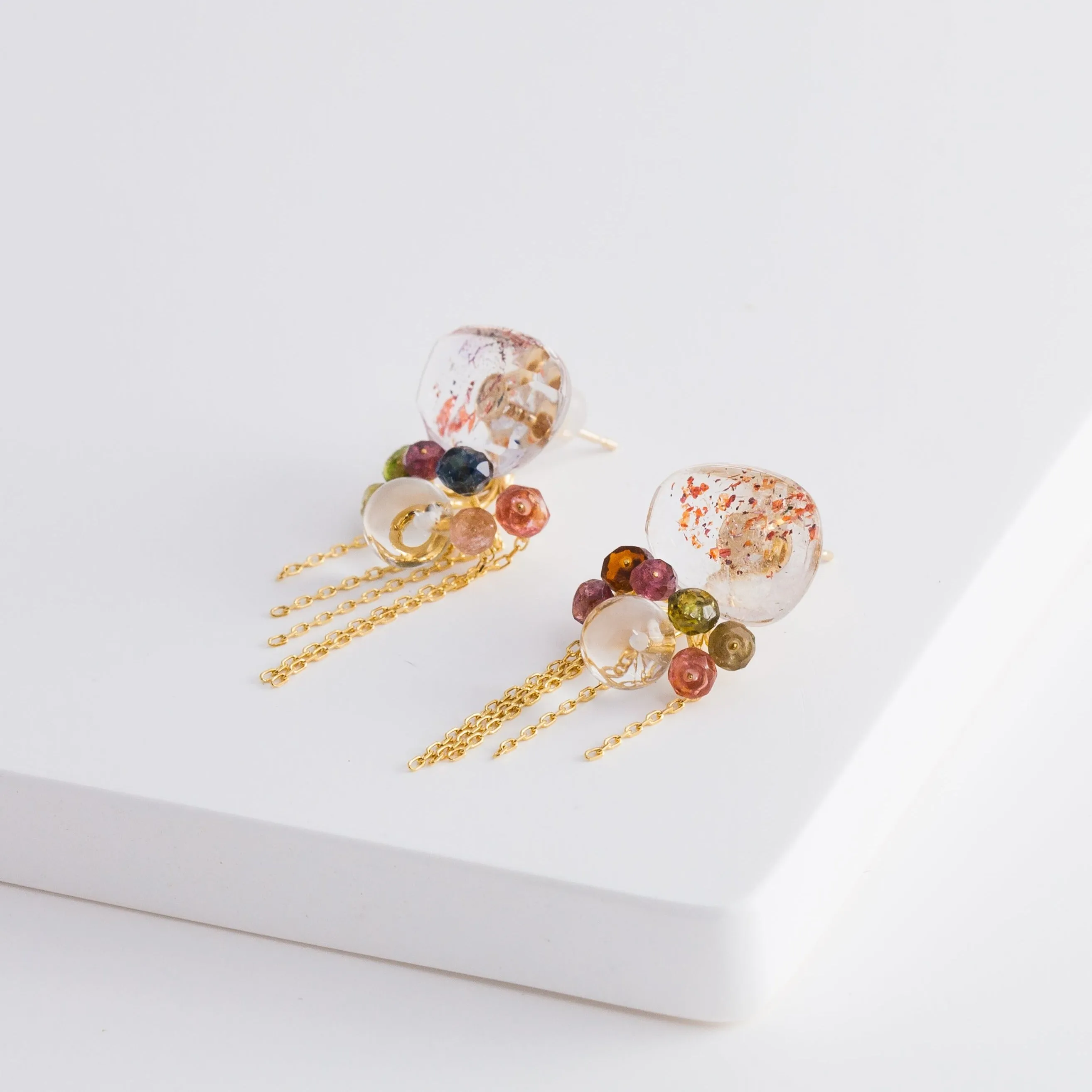 Fairy lepidocrocite in quartz and tourmaline earrings with chains