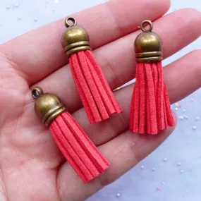 Faux Suede Fringe Tassels with Antique Bronze Cap | Small Leather Tassel Charms | Jewellery Tassels | Tassel Bracelet Making (3pcs / Coral Pink / 10mm x 38mm)