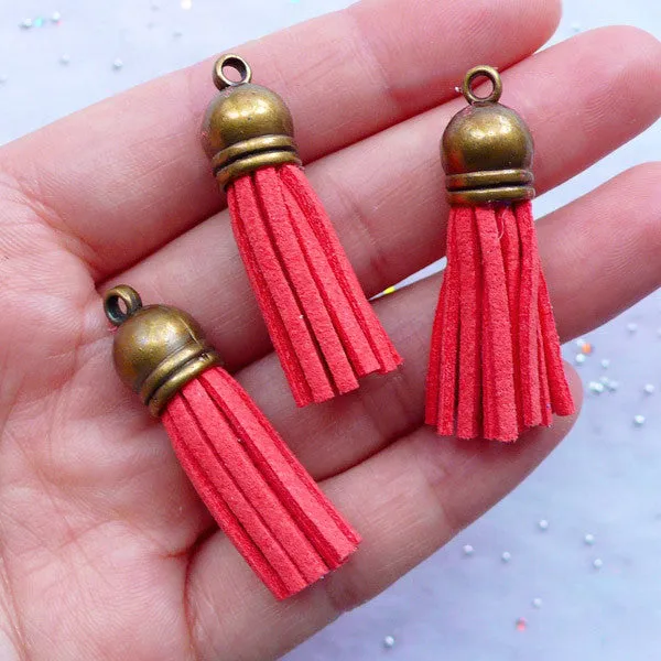 Faux Suede Fringe Tassels with Antique Bronze Cap | Small Leather Tassel Charms | Jewellery Tassels | Tassel Bracelet Making (3pcs / Coral Pink / 10mm x 38mm)