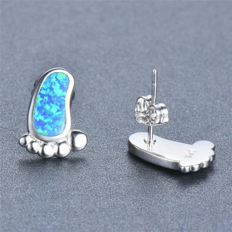 Feet Shaped Opal (faux) Silver Earrings