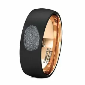 Finger Print Engraved Tungsten With  Rose Gold Inlay Brushed Wedding Ring - 8 mm