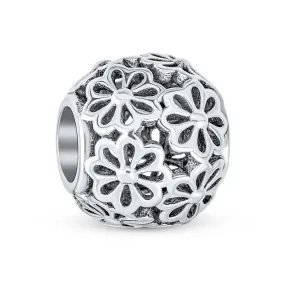 Floral Filigree Flower Charm Bead Sterling Silver for European Bracelet