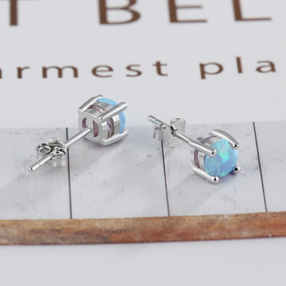 Four Prongs 6mm Blue Round Opal Sterling Silver Stud Earrings